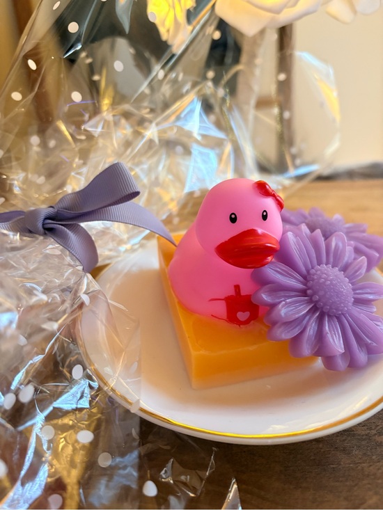 Other - Pink Rubber Duck Soap Set W/Purple Flower & saucer dish🎁homemade by daughter & I